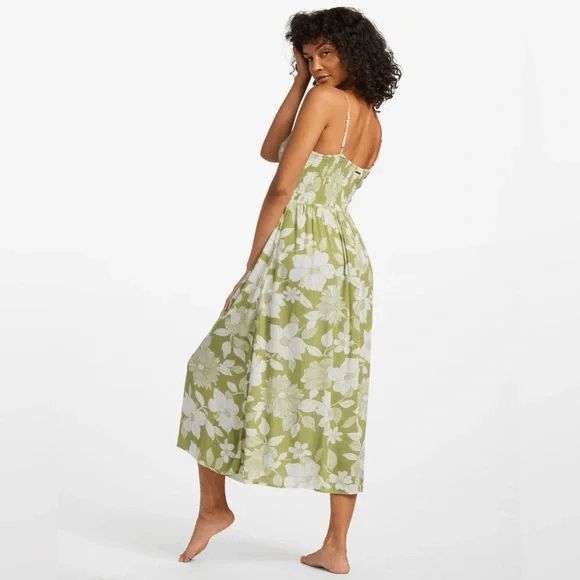 Billabong Green Ivory Your Babe Floral Midi Lightweight Dress Medium - Picture 10 of 11